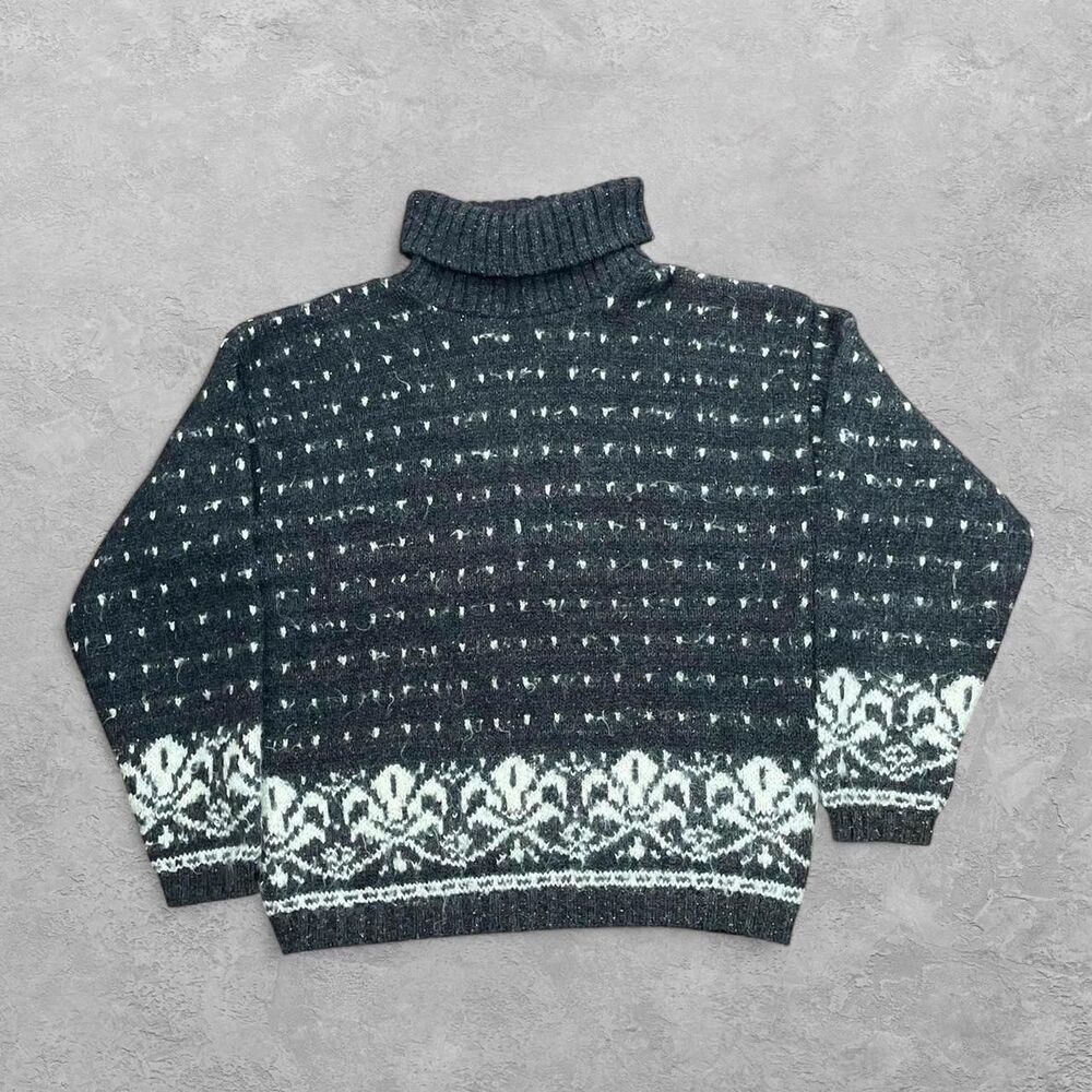 Vintage 80s ALPS Knit Wool Blend Turtleneck Sweater L Black White Fair Isle